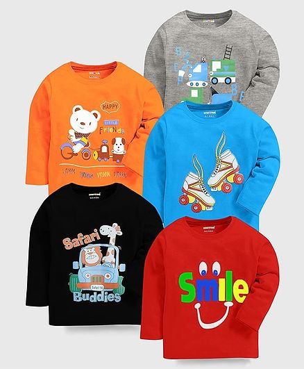KUCHIPOO Cotton Knit Full Sleeve With Vehicle & Teddy Bear Printed T-Shirts Pack of 5 - Orange, Grey & Red
