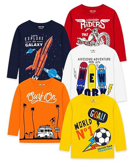 KUCHIPOO Cotton Knit Full Sleeves Skateboards & Space Rocket Printed T-shirts Pack Of 5 - Red Orange & Yellow