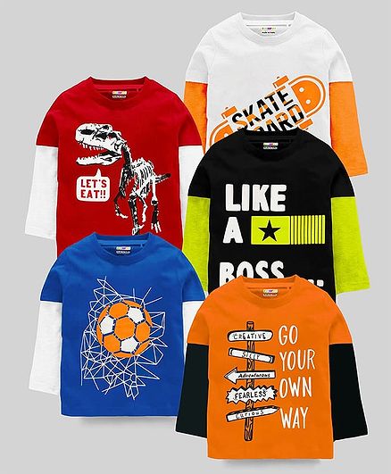 KUCHIPOO Cotton Knit Doctor Sleeves Football  Skateboard  Dinosaur & Text Printed T-Shirts  Pack Of 5 - Red White & Green