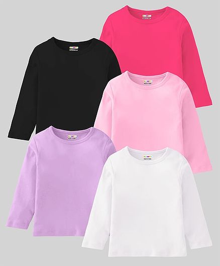 KUCHIPOO Knit Full Sleeves Solid T-Shirts Pack of 5 - White Pink & Black