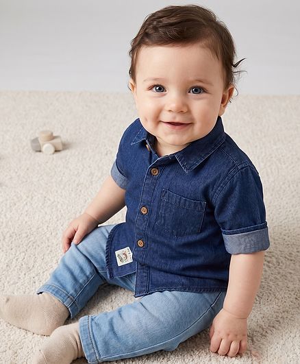 Babyoye 100% Cotton Denim Shirt with Full Sleeves and Let's Roll Patch in Blue