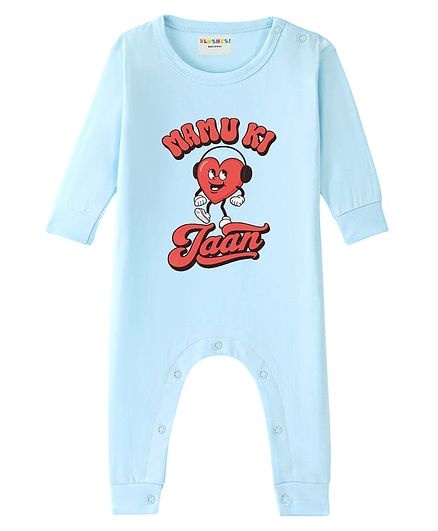BLUSHES 100% Cotton Knit Full Sleeves Mamu Ki Jaan Text Printed Romper - Aqua Blue