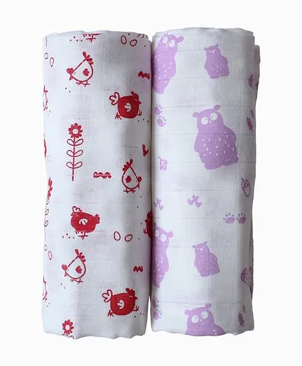Shumee Organic Muslin Swaddle Hen and Bear Purple & Red - Pack of 2