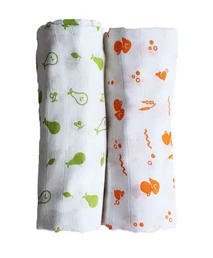 Organic Muslin Swaddle Duck And Pear Print Green & Orange - Pack of 2