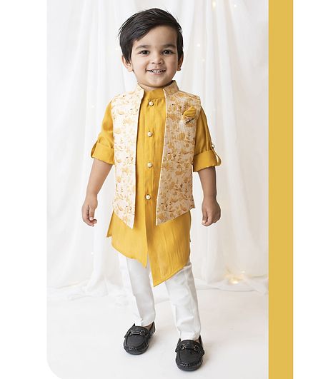 Little Collars Woven Full Sleeves  Floral Printed and Embroidered Haldi Jacket With  Kurta Pajama Set- Mustard