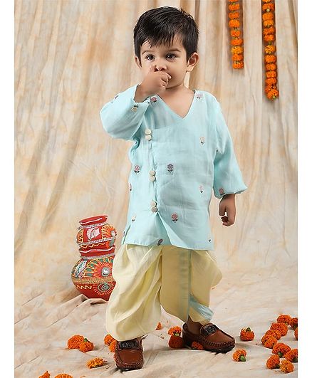 Polka Tots Cotton Woven Full Sleeves Embroidered Angarakha Kurta with Dhoti - Aqua Blue