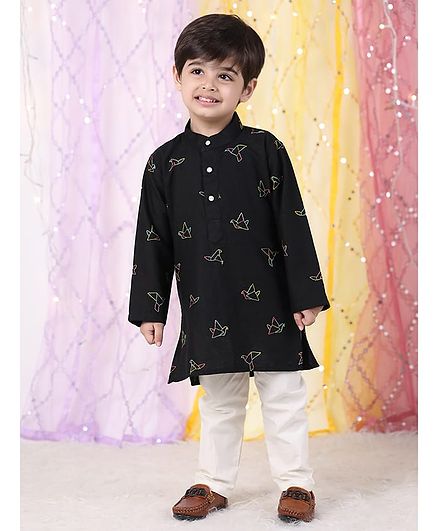 Polka Tots Cotton Woven Full Sleeves Origami Embroidered Ethnic Kurta with Pyjama - Black & White