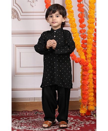 Polka Tots Cotton Woven Full Sleeves Printed Ethnic Kurta with Pyjama - Black