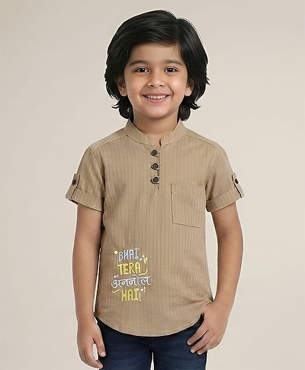 Polka Tots Cotton Woven Half Sleeves Typography Embroidered & Striped Kurta - Brown