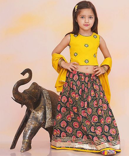 KID1 Cotton Woven Sleeveless Leela Choli With Printed Lehenga & Cushed Dupatta Set - Yellow & Green