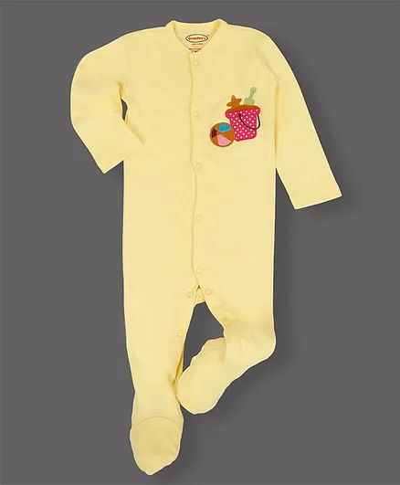 Grandma's Full Sleeves Footed Sleepsuit Sand Bucket & Ball Patch - Yellow