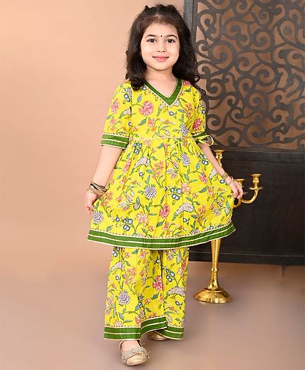 Superminis Cotton Woven Half Sleeves Lace Embellished Floral Printed Kurta With Coordinating Sharara Set - Yellow