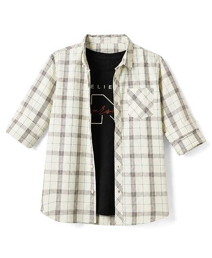 Pine Kids 100% Cotton Woven Full Sleeves Checks Shirts and T-shirt with Half Sleeves Tee and Believe In Yourself Print - Beige