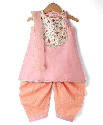 Little Bansi Cotton Silk Full Length Kurta, Salwar and Dupatta with Sleeveless and Vine Embroidery in Pink for 6-7 Years