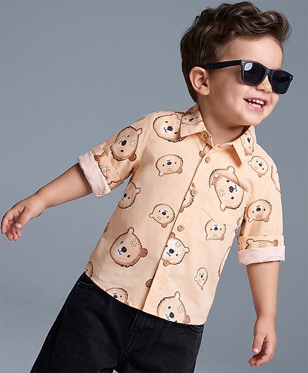 Babyoye 100% Cotton Poplin Printed Shirt with Full Sleeves and Bear Print in Beige