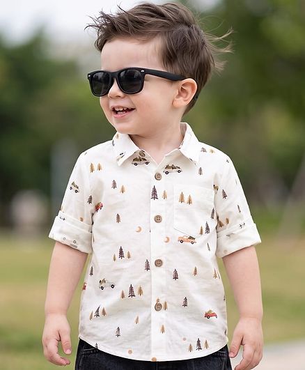 Babyoye 100% Cotton Shirt with Full Sleeves and Forest Adventure Print in White