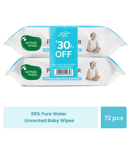 Mother Sparsh Baby 99 % Pure Water (Unscented) Baby Wipes. Pack of 2 - 72 Pieces Super Saver Pack