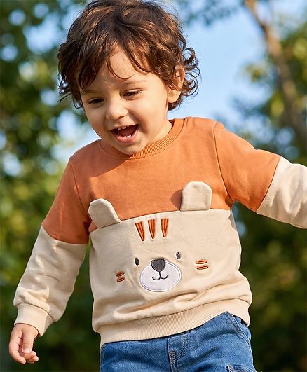 Babyhug Heavy Gauge 100% Cotton Knit Sweatshirt with Full Sleeves and Animal Applique - Orange