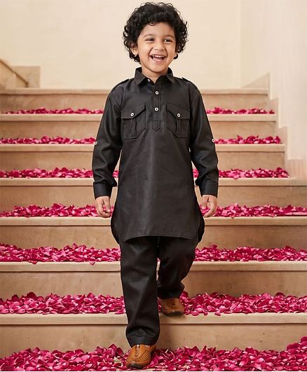 AJ Dezines Cotton Blend Woven Full Sleeve Solid Pathani Suit - Black