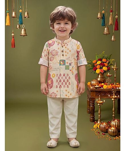 ETHNIKS NEURON Linen Woven Full Sleeves Floral Printed Kurta Pyjama Set - Beige