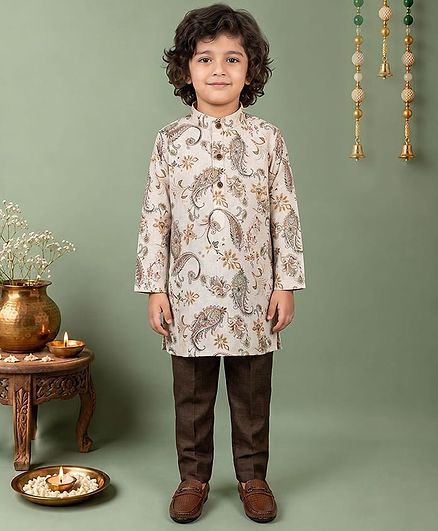 ETHNIKS NEURON Cotton Linen Woven Full Sleeves Printed Kurta & Pyjama Set - Beige