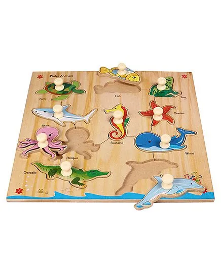 Kinder Creative Wooden 10 Water Animals With Knobs Puzzle - Multicolor