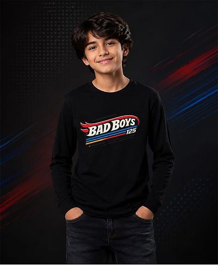 NUSYL Cotton Blend Knit Full Sleeves Bad Boys Text Printed Tee - Black