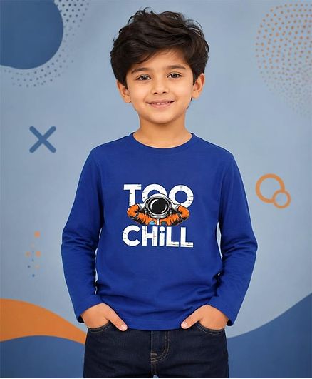 NUSYL Cotton Blend Knit Full Sleeves Too Chill Text Printed Tee - Royal Blue