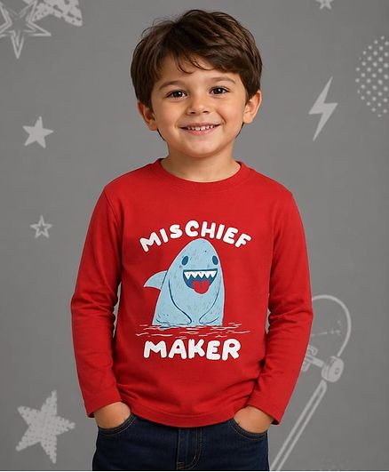 NUSYL Cotton Blend Knit Full Sleeves Mischevious Shark Printed Tee - Red