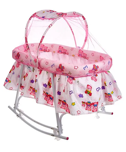 funBaby Cozy Cradle With Mosquito Net & Rocking Base - Pink