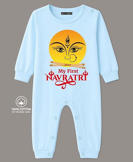 BLUSHES 100% Cotton Knit Navratri Theme Full Sleeves My First Navratri Text Printed Romper - Powder Blue