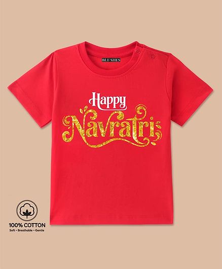 BLUSHES 100% Cotton Knit Navratri Theme Half Sleeves Happy Navratri Text Printed Tee - Red