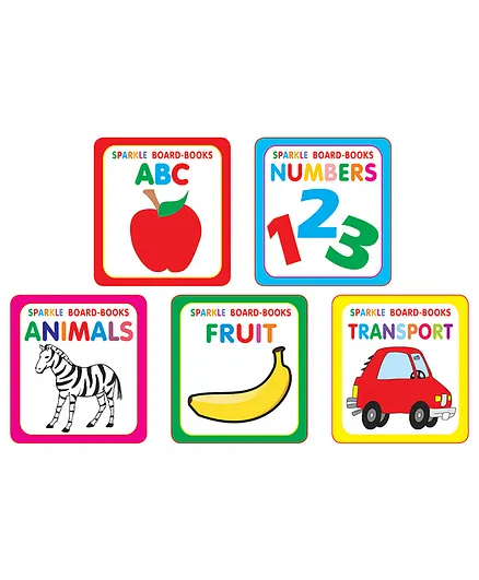 Dreamland Sparkle Board Books 5 Books Pack for Children - ABC, Numbers, Animals, Fruit, Transport