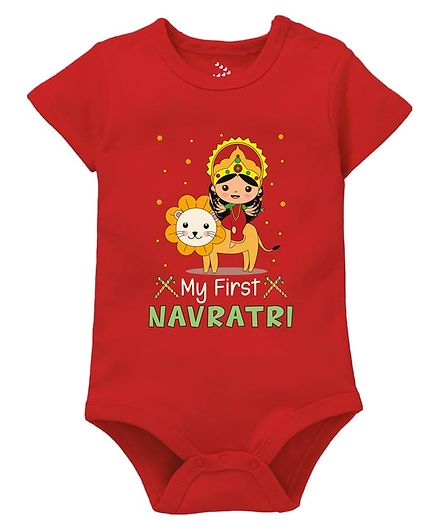 Zeezeezoo 100% Cotton Knit Half Sleeves My First Navratri Printed Navratri Theme Romper - Red