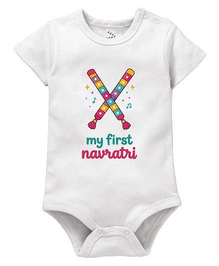 Zeezeezoo 100% Cotton Knit Half Sleeves My First Navratri with Dandiya Printed Navratri Theme Romper - White