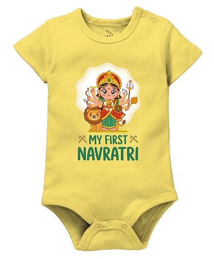 Zeezeezoo 100% Cotton Knit Half Sleeves My First Navratri Durga Printed Navratri Theme Romper - Yellow
