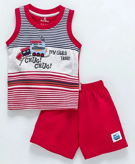 Child World Sleeveless Stripe Tee And Shorts Train Embroidery - Red