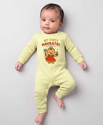 Arvesa Cotton Blend Knit Navratri Theme Full Sleeves My First Navratri Text Printed Romper - Yellow