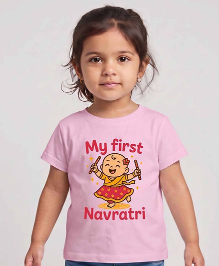 Arvesa Cotton Blend Knit Navratri Theme Half Sleeves My First Navratri Text Printed Tee - Pink