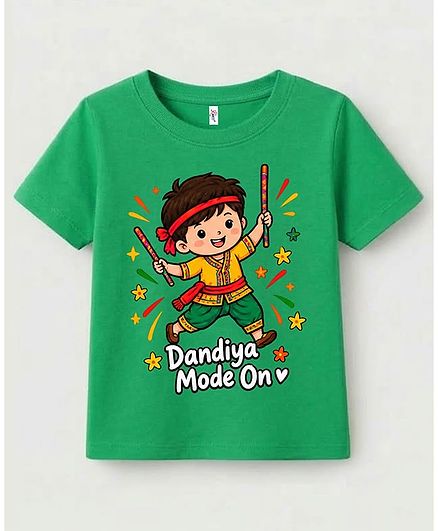 KAVEE Cotton Knit Navratri Theme Half Sleeves Dandiya Mode On Text Printed Tee - Green