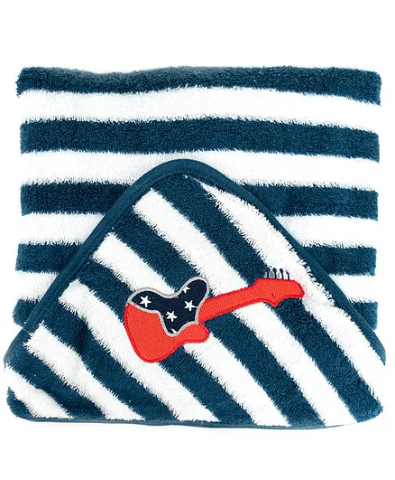 My Milestones Ultra Plush Kids Hooded Towel Wrap- Modern Stripes- Guitar - Sailor Blue and White