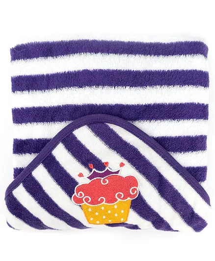 My Milestones Ultra Plush Kids Hooded Towel Wrap- Modern Stripes- Cupcake - Purple and White