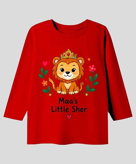 KAVEE Cotton Knit Navratri Theme Full Sleeves Lion & Maas Little Sher Text Printed Tee - Red