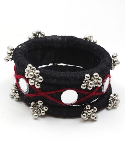 Pihoo Set Of 3 Navaratri Theme Mirror Work & Ghungri Embellished Bangles - Black