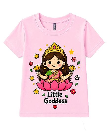 FASHIONOY Cotton Knit Navratri Theme Half Sleeves Little Goddess Text Printed Tee - Pink