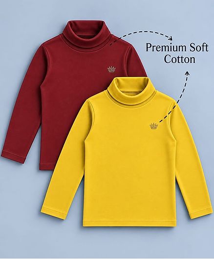 Plum Tree 100% Cotton Knit Pack Of 2 Full Sleeves Crown Designed Stone Embellished Tees - Burgundy & Yellow