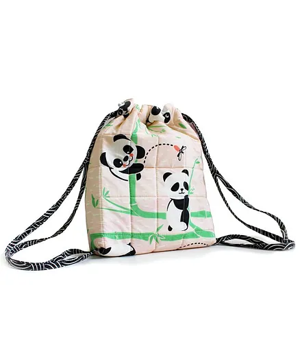 Silverlinen Quilted Cotton Drawstring Bag Panda Village Pink - 11 inches