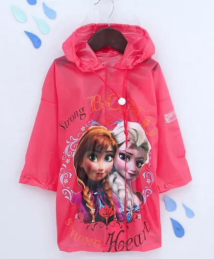 Babyhug Full Sleeves Hooded Raincoat Disney Frozen Print - Pink