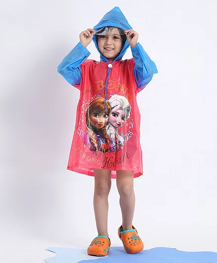 Babyhug Full Sleeves Hooded Raincoat Disney Frozen Print - Blue Pink