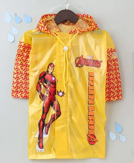 Babyhug Full Sleeves Hooded Raincoat With With School Bag Provision Iron Man Print - Yellow Red